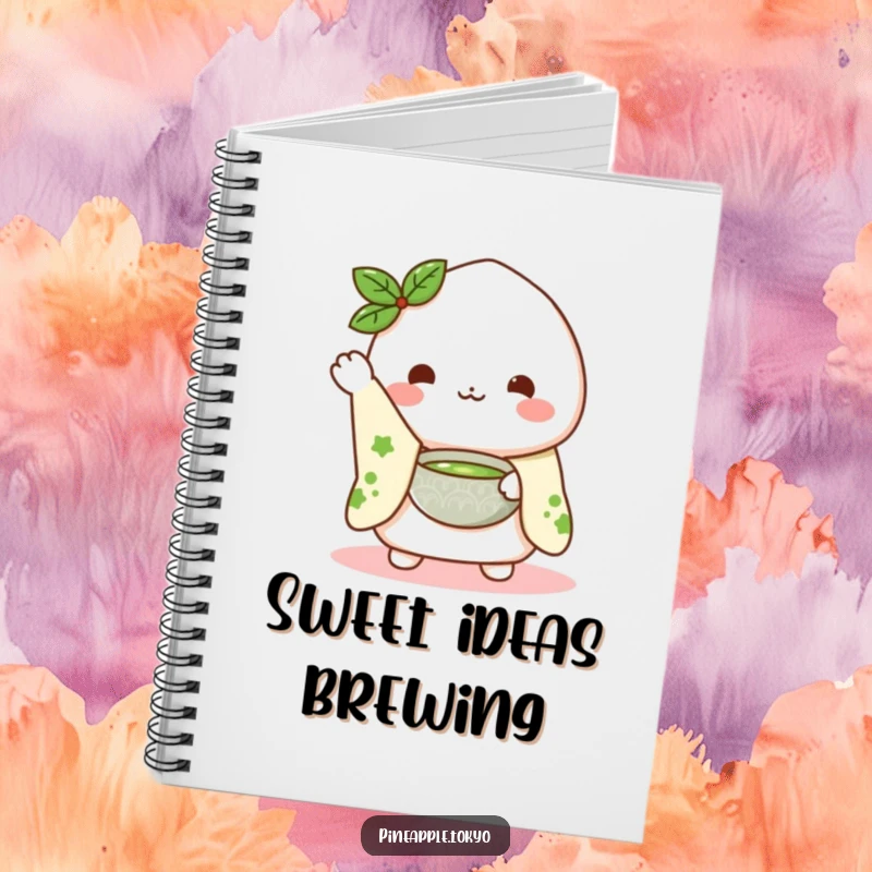 Funny Mochi Kimono Notebook: a cute mochi character in a kimono sleeve waving hello while presenting a matcha bowl, ready for notes.