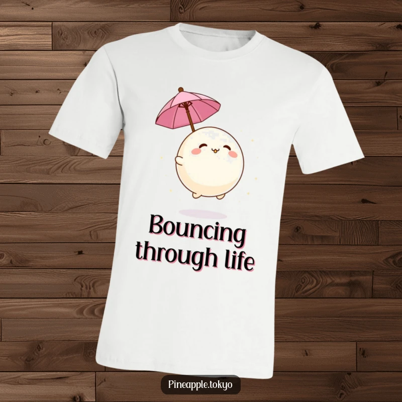 Funny adorable mochi ball bouncing energetically with a tiny umbrella on a comical t-shirt. Cute and playful fashion.