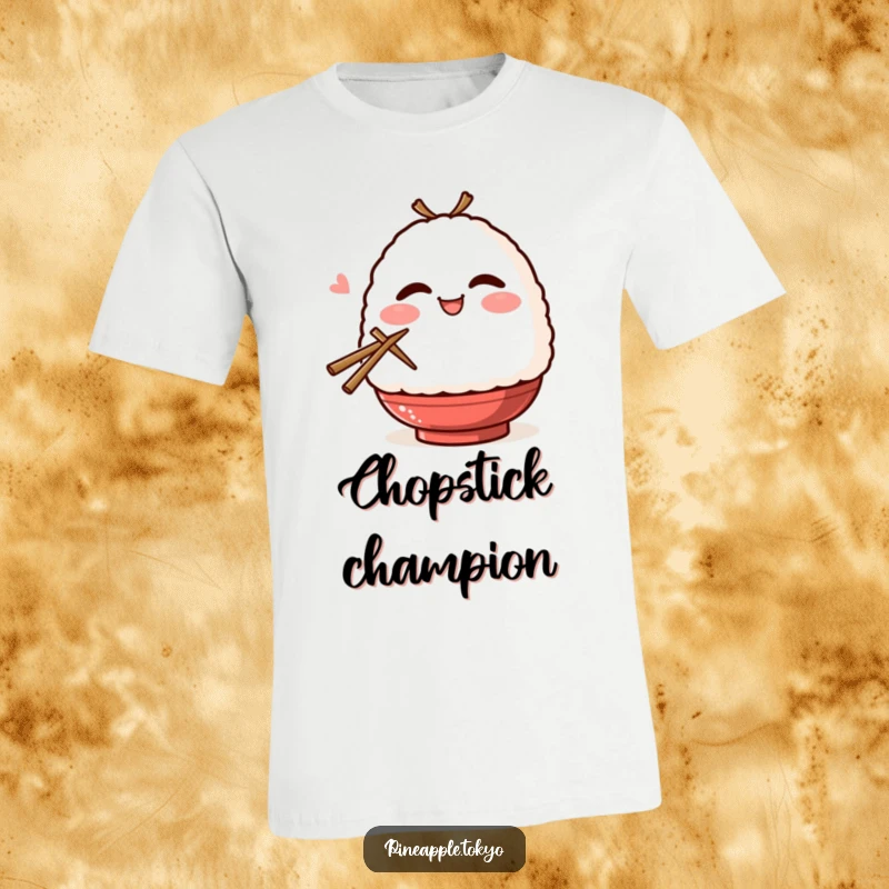 Funny onigiri character with blush, smiling, winking, and holding chopsticks on a comical t-shirt. Cute foodie fashion.