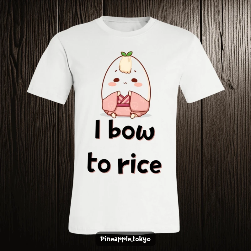 Funny Onigiri Kimono T-Shirt: Chubby rice ball wearing a small kimono, bowing with a smile, ideal funny gift.