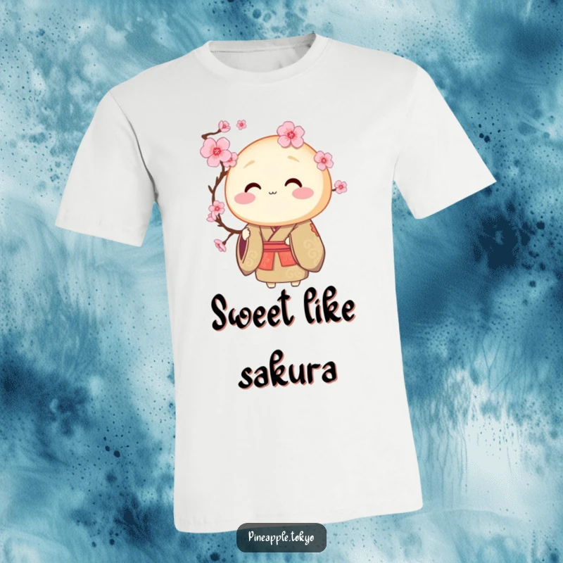 Funny round dorayaki in a ceremonial kimono offering a blooming cherry blossom on a t-shirt.
