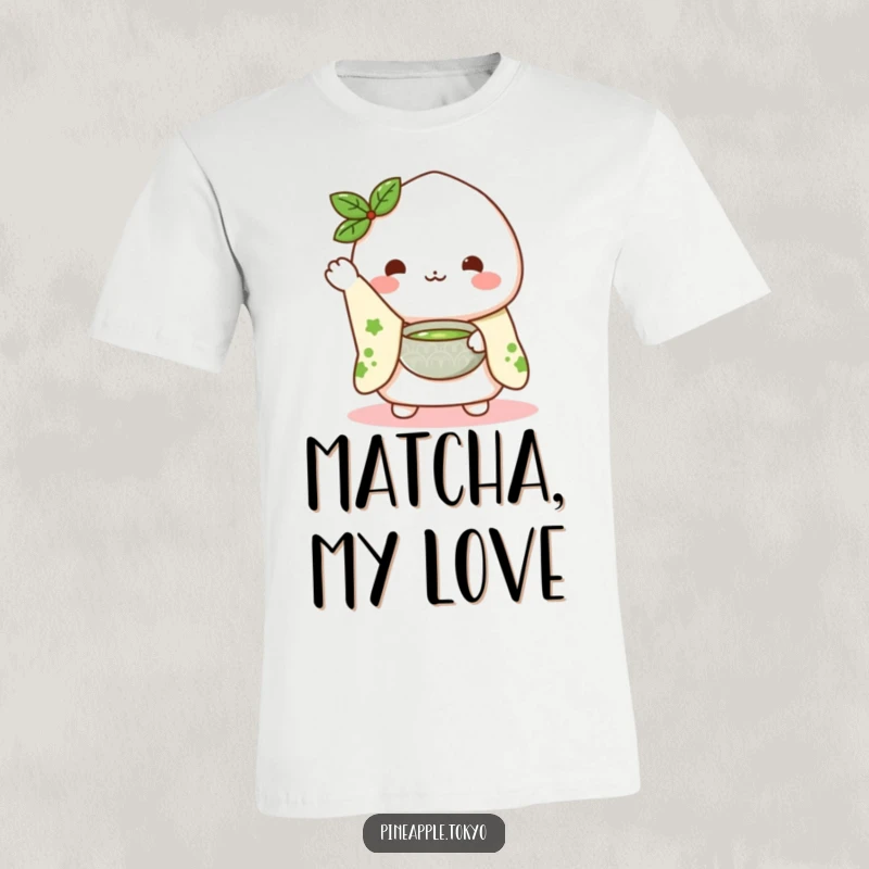 Funny Mochi Kimono T-Shirt: a cute mochi character in a kimono sleeve waving hello while presenting a matcha bowl, adorable streetwear.