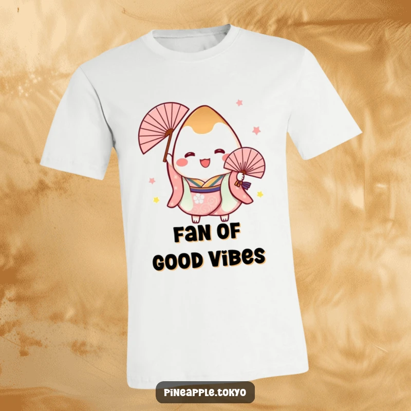 Funny t-shirt print of a cheerful onigiri character wearing a vibrant kimono and holding a decorative fan, embodying Japanese festive spirit.