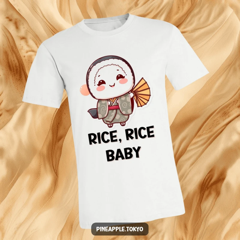 Funny sushi roll in a patterned kimono bowing gracefully, holding a fan, on a comfy t-shirt.