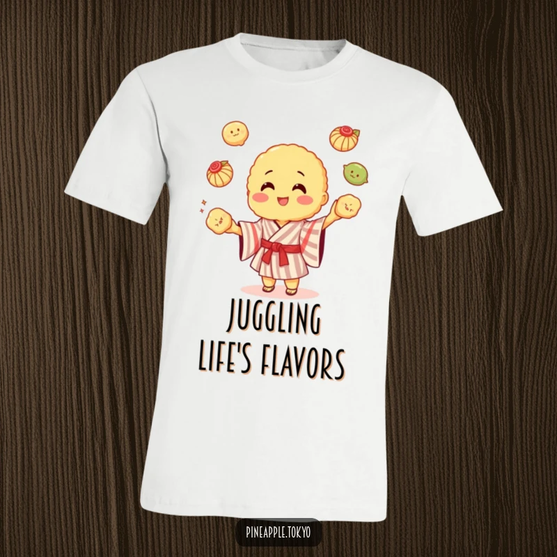 Funny cheerful tempura in a striped kimono juggling colorful dumplings on a t-shirt.