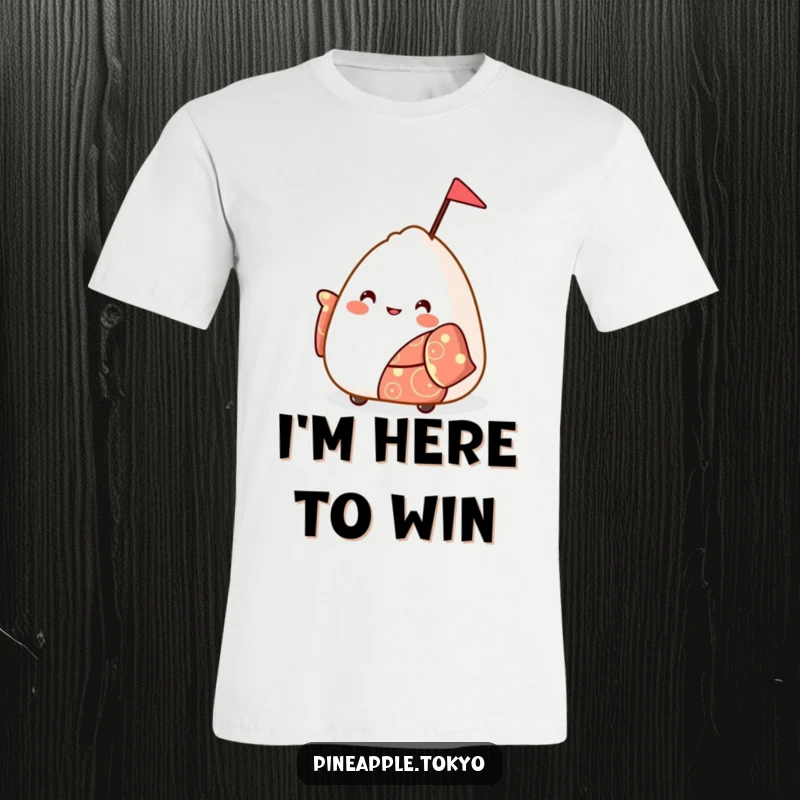 Funny bouncy onigiri in a festive kimono waving a small flag joyfully on a t-shirt.