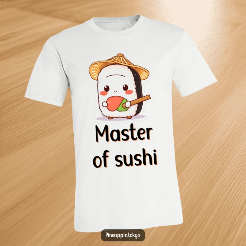Funny kawaii sushi character in a small straw hat, clutching a tiny rice paddle, on a comical t-shirt. Adorable foodie fashion.