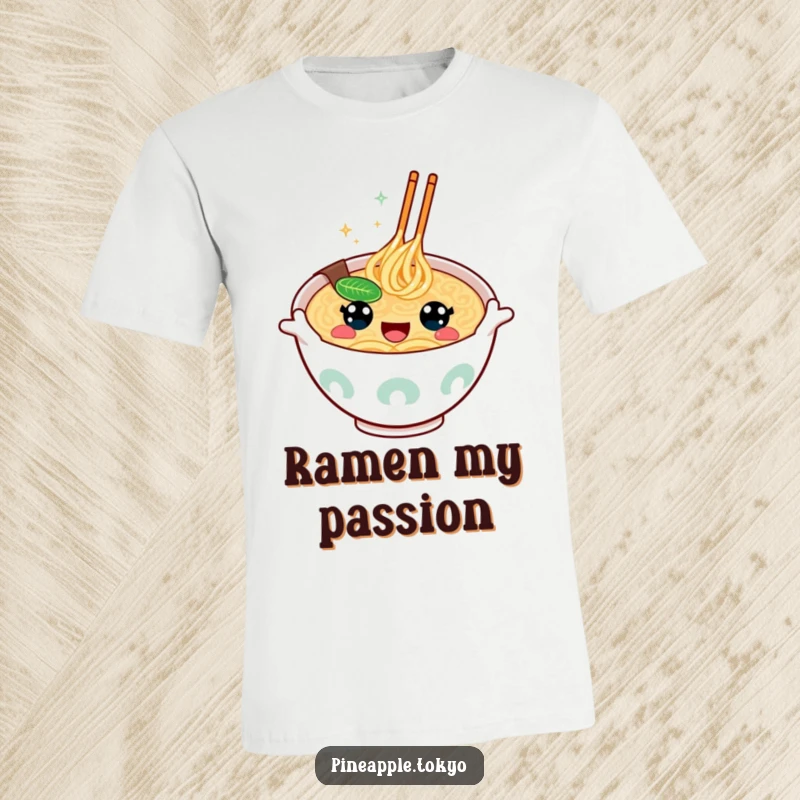 Funny kawaii ramen bowl with cheerful eyes, making an enthusiastic gesture, on a humorous and vibrant t-shirt.