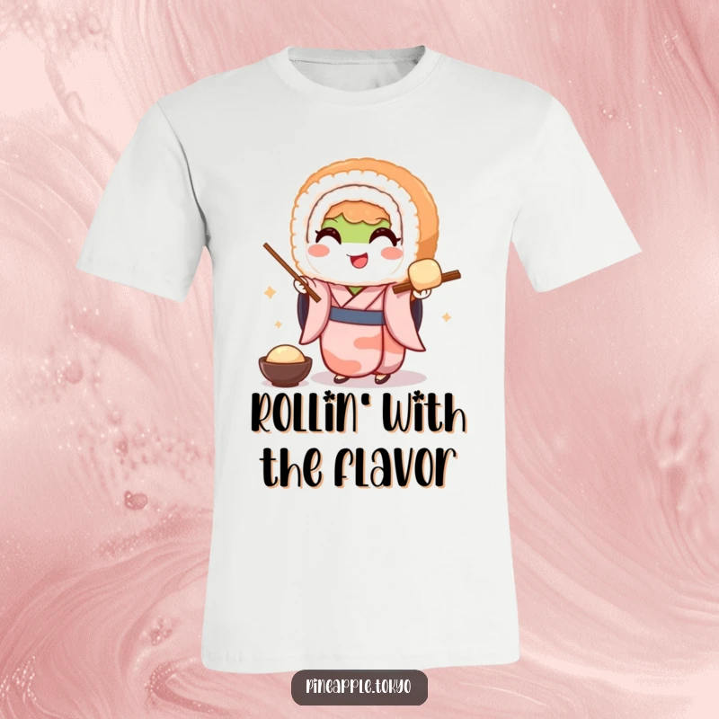 Funny t-shirt print of a smiling sushi roll wearing a miniature kimono, elegantly serving dango balls, showcasing Japanese food charm.