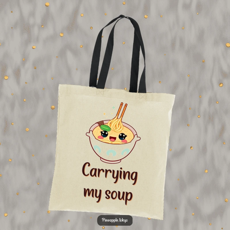 Funny kawaii ramen bowl with happy eyes, gesturing enthusiastically, on a durable and humorous tote bag.