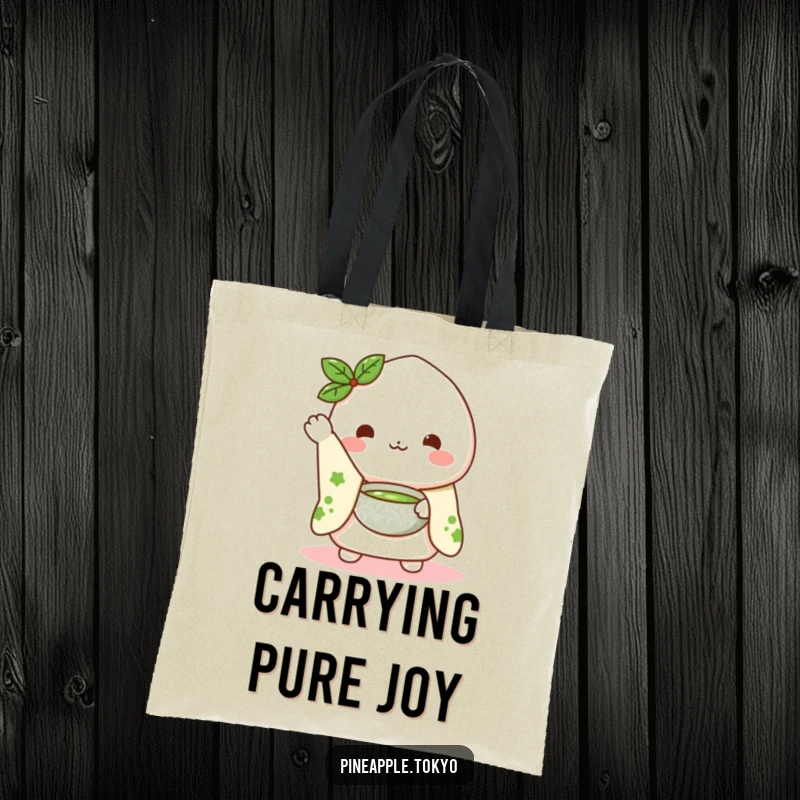 Funny Mochi Kimono Tote Bag: a cute mochi character in a kimono sleeve waving hello while presenting a matcha bowl, chic and functional.