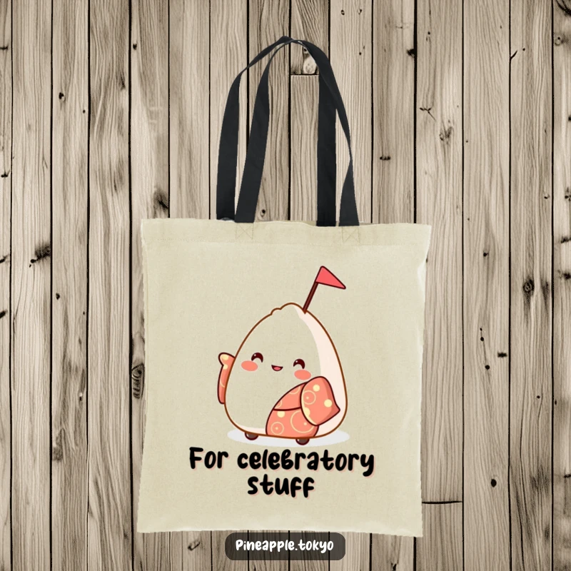 Funny bouncy onigiri in a festive kimono waving a small flag, on a practical funny tote bag.