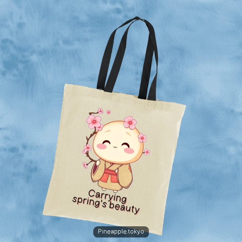 Funny round dorayaki in a ceremonial kimono offering a blooming cherry blossom, a chic funny tote bag.
