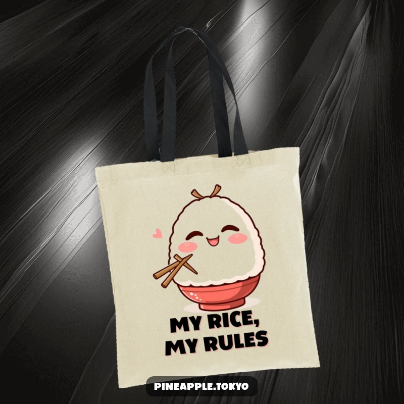Funny smiling onigiri with blush, winking, and holding chopsticks on a durable and humorous tote bag.