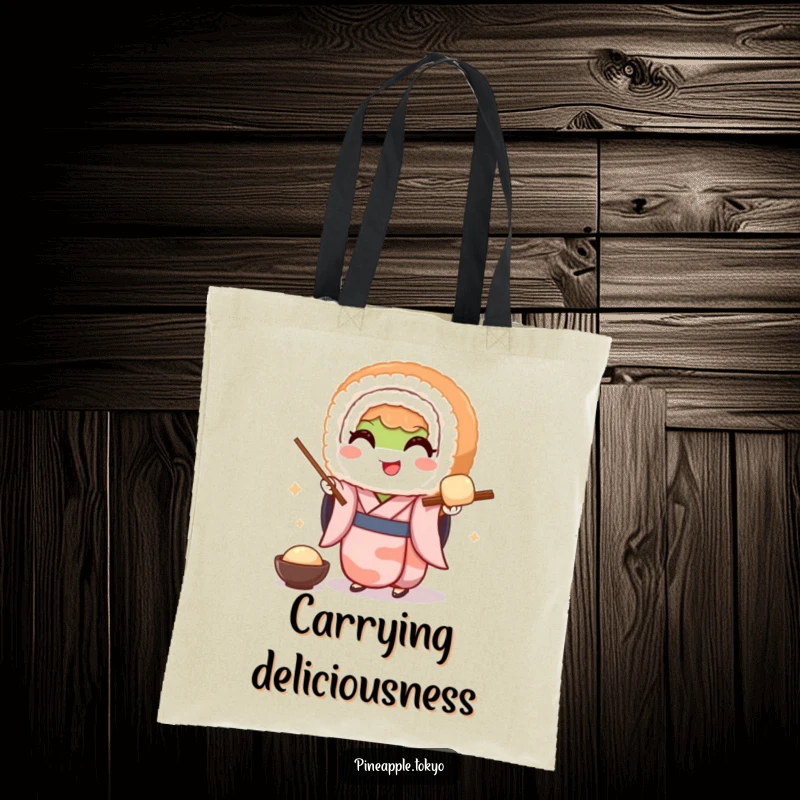 Funny tote bag showcasing a smiling sushi roll in a tiny kimono, gracefully serving dango, perfect for carrying groceries or essentials.