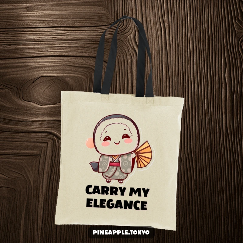 Funny sushi roll in a patterned kimono bowing gracefully with a fan, perfect for a funny tote bag.