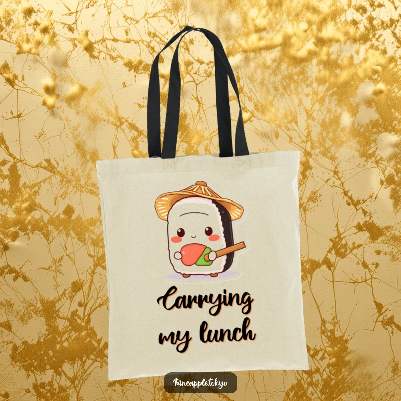 Funny cute sushi wearing a small straw hat, holding a tiny rice paddle, on a durable and humorous tote bag.