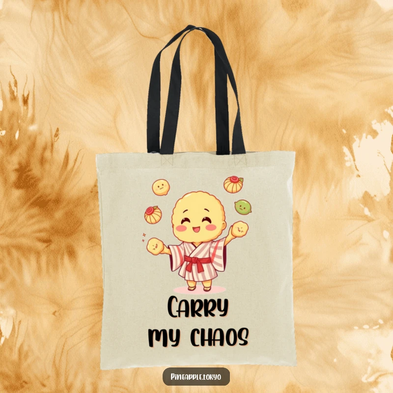 Funny cheerful tempura in a striped kimono juggling colorful dumplings, a practical funny tote bag.