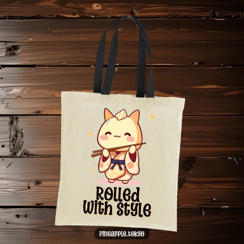 Funny Tamagoyaki Kimono Tote Bag: a cute Japanese rolled omelet character in a kimono playfully balancing chopsticks, ready to shop.